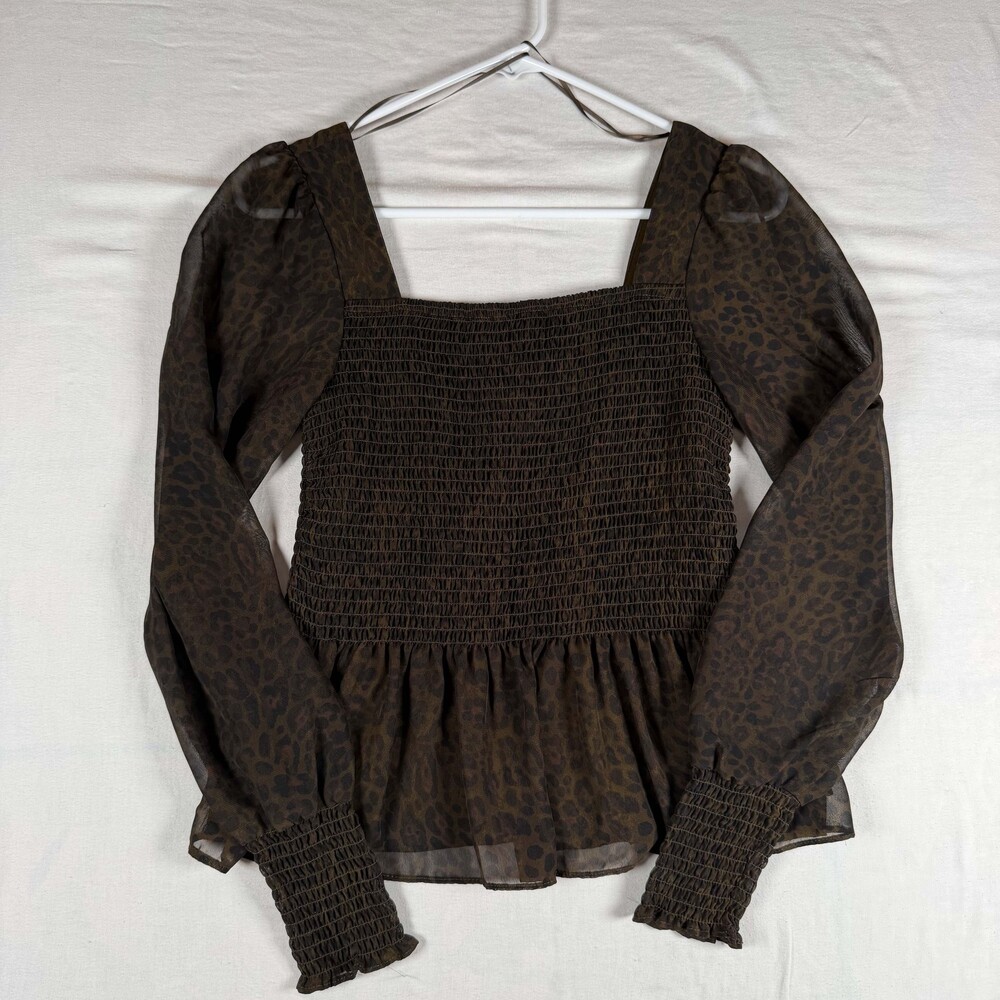 Nine West Womens Small Brown Leopard Print Smocked Peplum Blouse Square Neck She